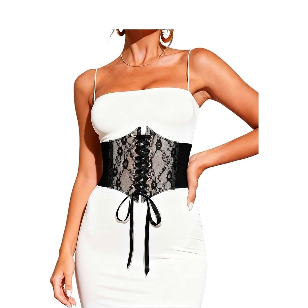 Womens Black Lace Corset Belt Waist Cincher Wide Elastic‎ Band Ribbon Tie Accent